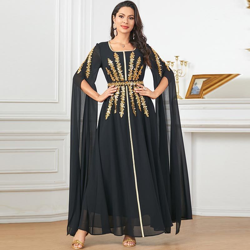 Middle East Dubai Party Dress Red Temperament Fashion Split Sleeve Dress Ethnic Bead Piece Embroidered Robe - AuraKin