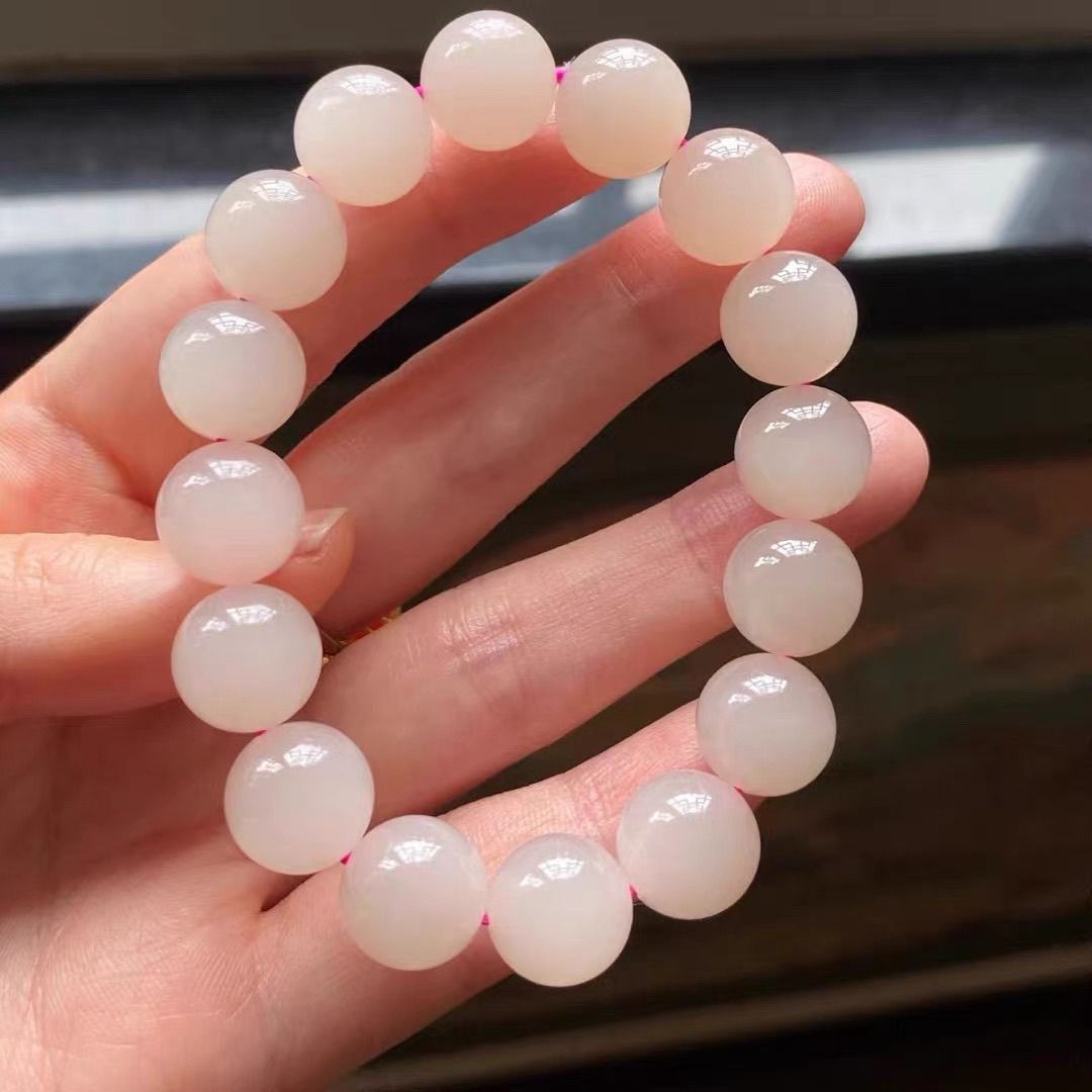 Hetian Jade whit pink Bracelet - Light Ice Powder & Fluorescent Ice Lotus Root Design - AuraKin