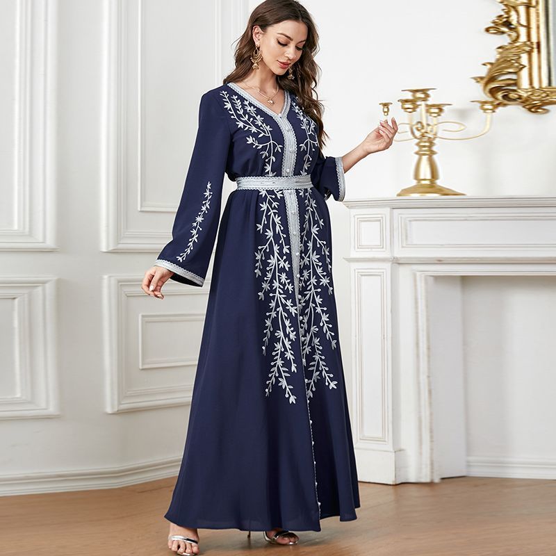 2024 New Summer Middle East Dubai Clothing V-Neck Embroidered Long Turkish Dress Waist Temperament Long Dress [Shipped within 15 days] - AuraKin