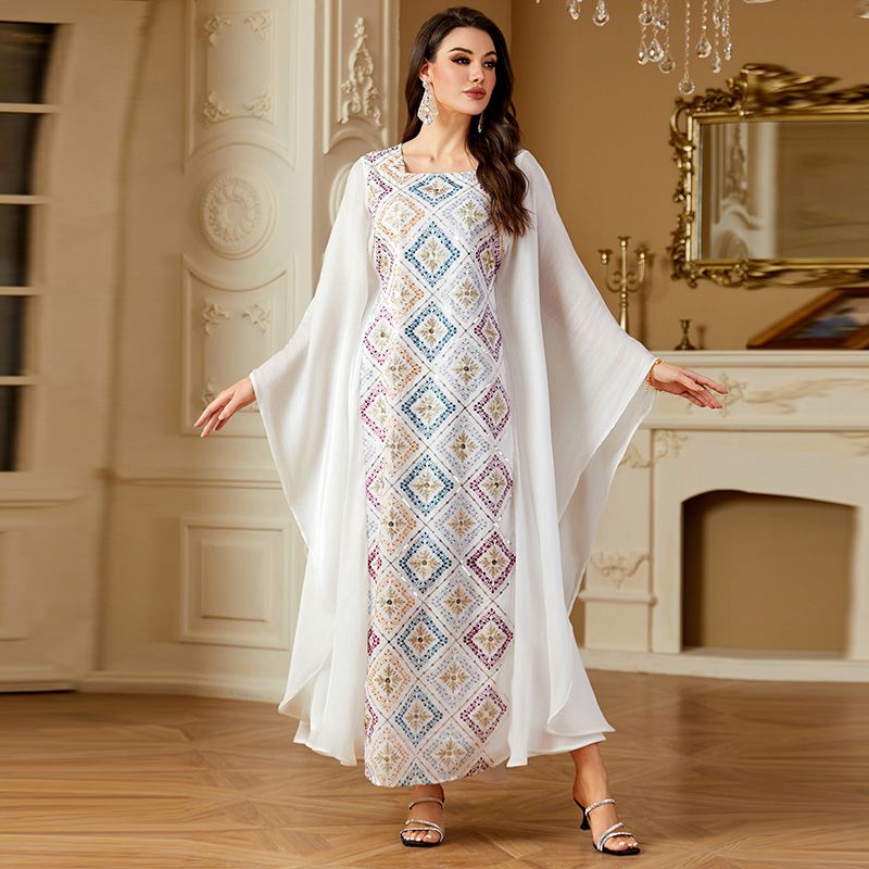 2025 Summer Dubai Style Women's White Robe Bat Sleeve Crew Neck Temperament Elegant Dress Malay Sequins Embroidered Robe middle - AuraKin
