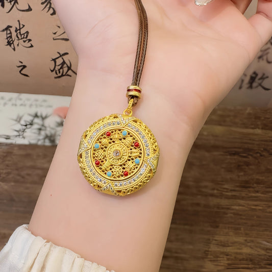 AuraKin Silver Enamel Necklace Fu Wheel