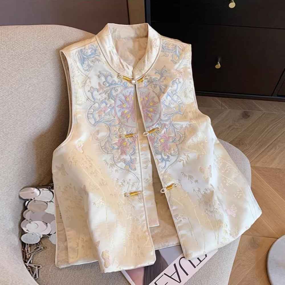 Champagne new Chinese embroidered buckle vest women's 2026 autumn wear new national style stand-up collar vest