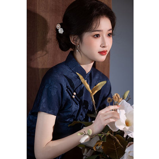 Blue ancient full-open cheongsam 2025 new spring and summer women's new Chinese-style improvement is beautiful, daily wear is simple and elegant
