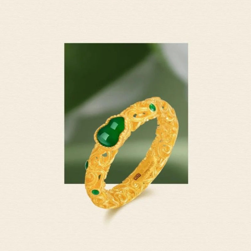 Aurakin Jewelry Gold Ring Fulu Xiangyun Design with Green Chalcedony and Ancient Flower Silk Details - AuraKin