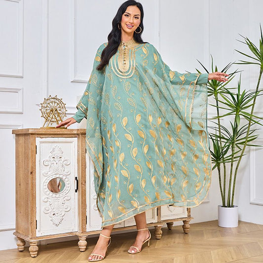 New Arab Dubai robe vest two-piece set embroidered gold webbing ethnic Xinjiang women's conservative dress middle - AuraKin