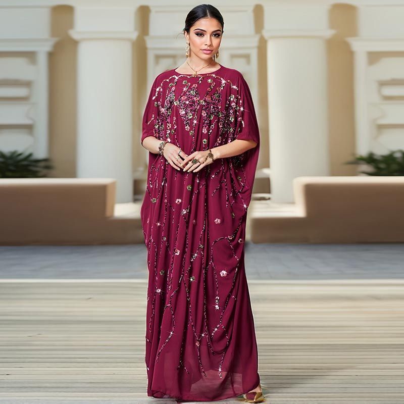 Morocco Dubai Heavy Industry Embroidered Bead Flower Cloak Dress Summer Celebrity Style Hand Sewn Three-dimen middle sional Flower Arabian Robe - AuraKin