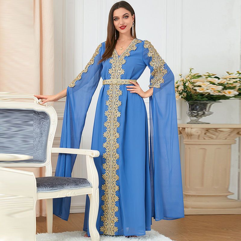 Middle East Dubai Arab Annual Meeting Party Dress Embroidery Beads Malaysia Clothing Super Long Sleeve High-end Robe - AuraKin