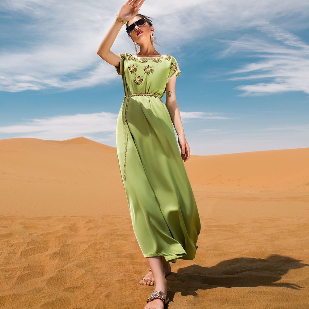 Middle Eastern Arabian High-end Dress Avocado Green Waldorf Satin Celebrity Dress Hand-Sewn Diamond Dubai Robe - AuraKin