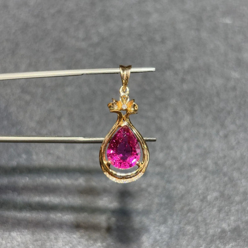 18k Gold Red Tourmaline Necklace with Water Drop Pink Rubilai and Diamond Magnolia Flower Pendant 7*10mm Custom - AuraKin