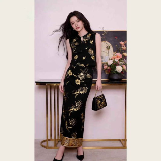 Quality description a complete set of new Chinese style ootd wear with bronzing printing improved vest & skirt two-piece set