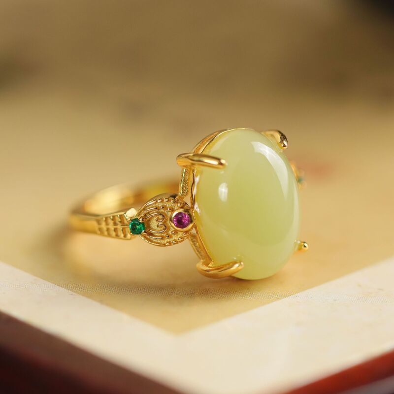Natural Hetian Jade Ruyi Ring S925 Silver-Plated Open Ring Wholesale Yellow - AuraKin