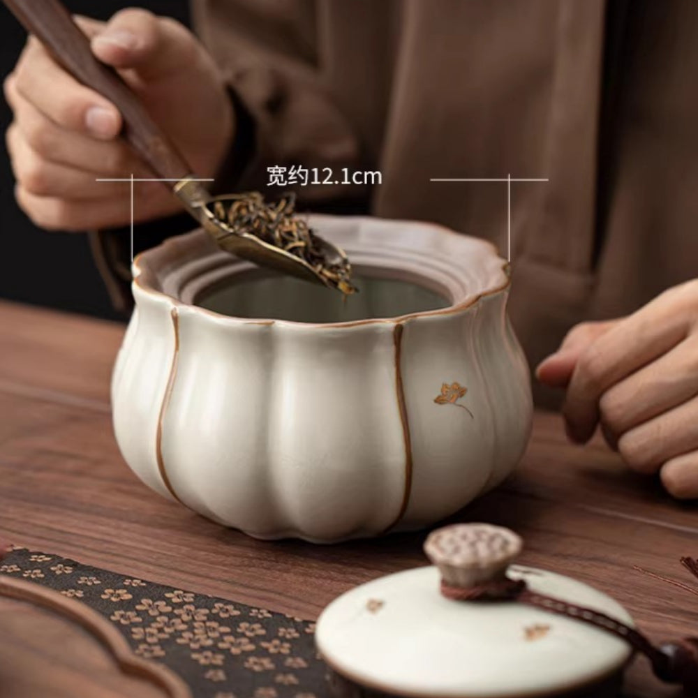 Beige Ru kiln tea sealed jar creative retro lotus tea storage tank green tea black tea universal moisture-proof tea jar - AuraKin