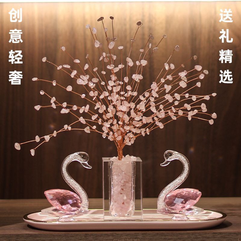 Peach pollen crystal tree swan living room porch TV cabinet wine cabinet ornament home decoration light luxury high-end Lucky Gallery