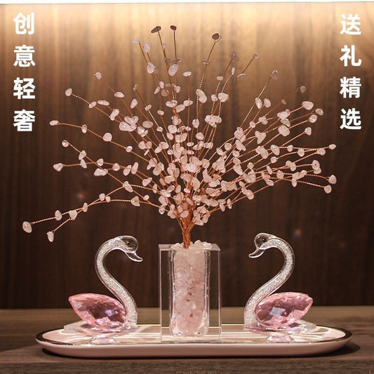 Peach pollen crystal tree swan living room porch TV cabinet wine cabinet ornament home decoration light luxury high-end Lucky Gallery