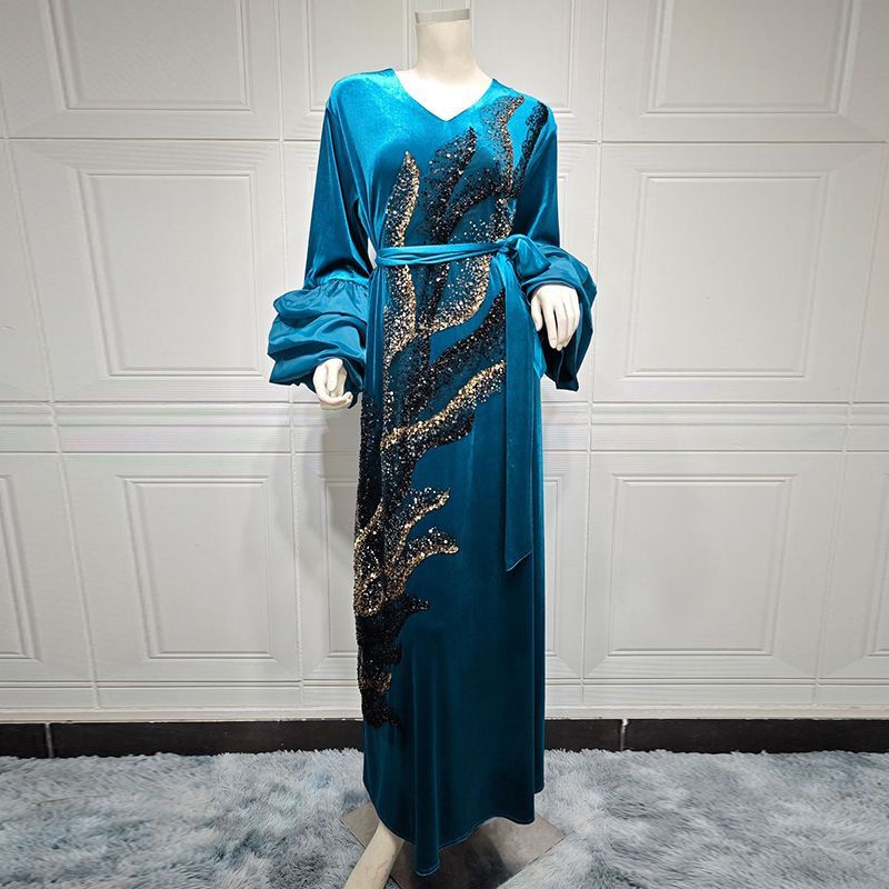 Autumn and winter bubble sleeves elegant style Arab dress golden velvet noble three-dimensional bead embroidered Dubai robe middle - AuraKin