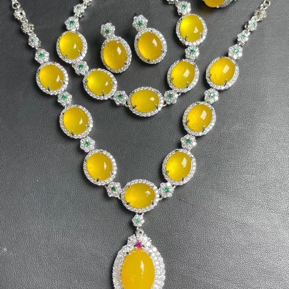 Natural Yellow Jade Luxury Necklace Set - Four-Piece Jadeite and Diamond Inlaid Collection - AuraKin