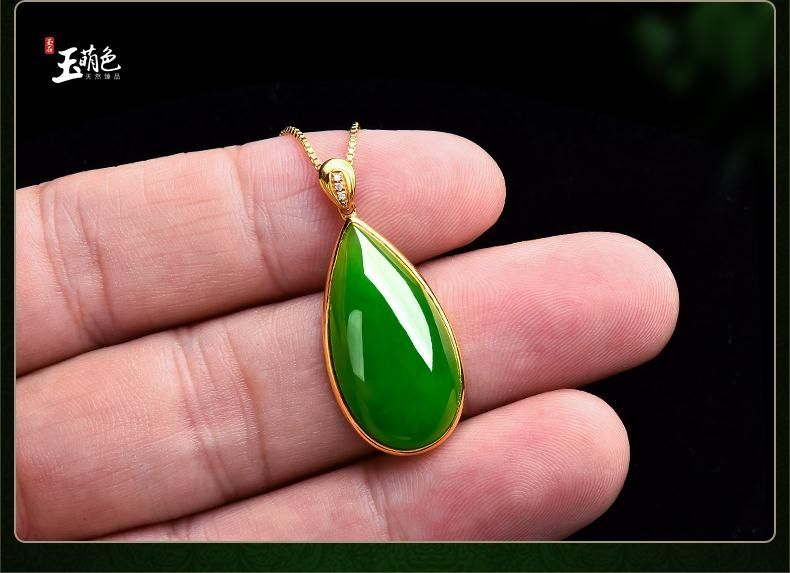 Jade cute 18K yellow gold inlaid jade pendant female water drop genuine Hetian jade jasper spinach green necklace jade pendant DZ032 - AuraKin