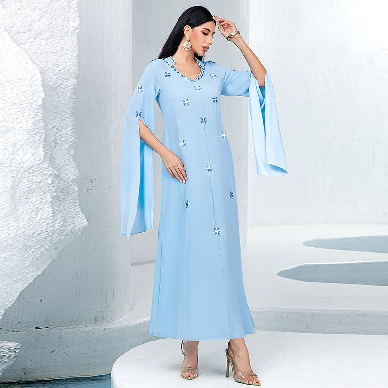 Turkey Dubai Women's Super Long Sleeve V-Neck Dress Fashion Celebrity Arabian Dress Sewn Rhinestone Long Dress middle - AuraKin