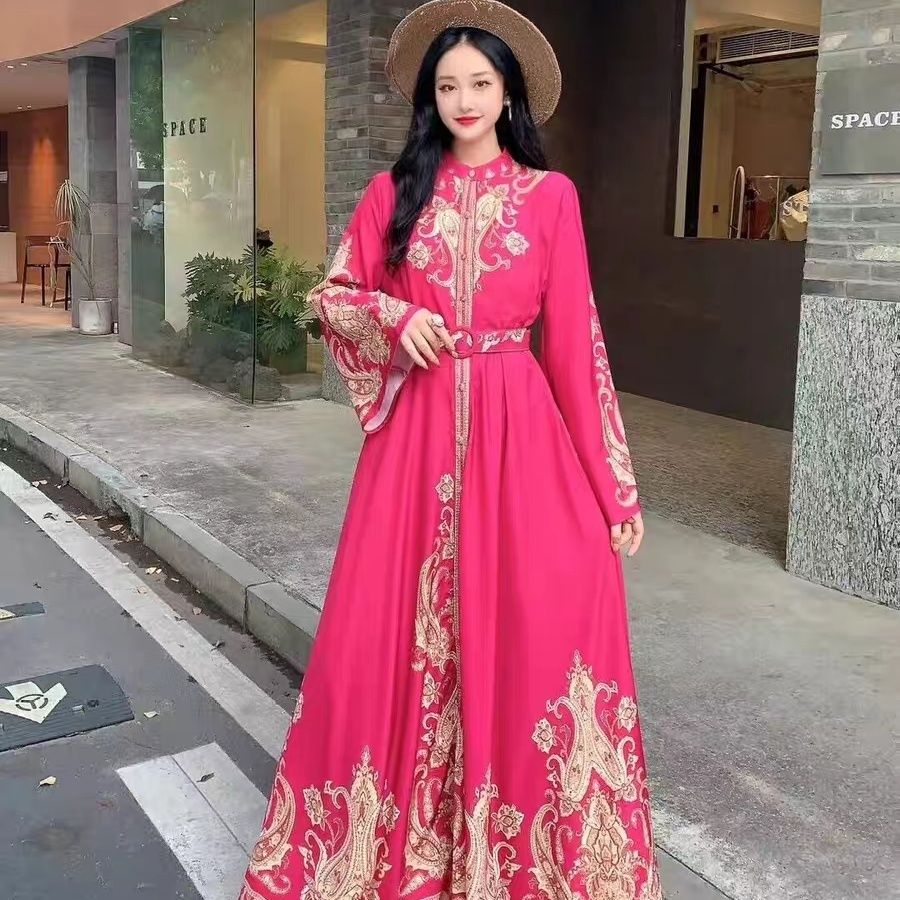 European and American court retro style lantern sleeves single-breasted shirt skirt women's autumn color matching printing big pendulum long dress - AuraKin