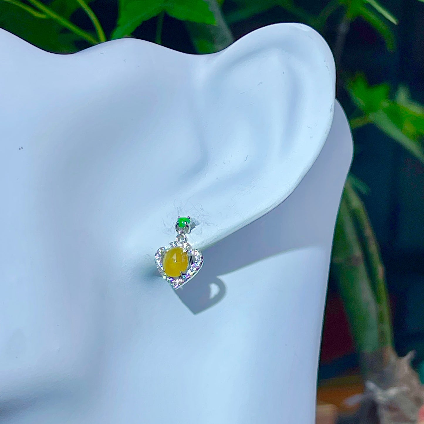 Honey Nature Yellow Jade Heart Earrings, Diamond Hollow Frame with Vivid Green Jade Accent