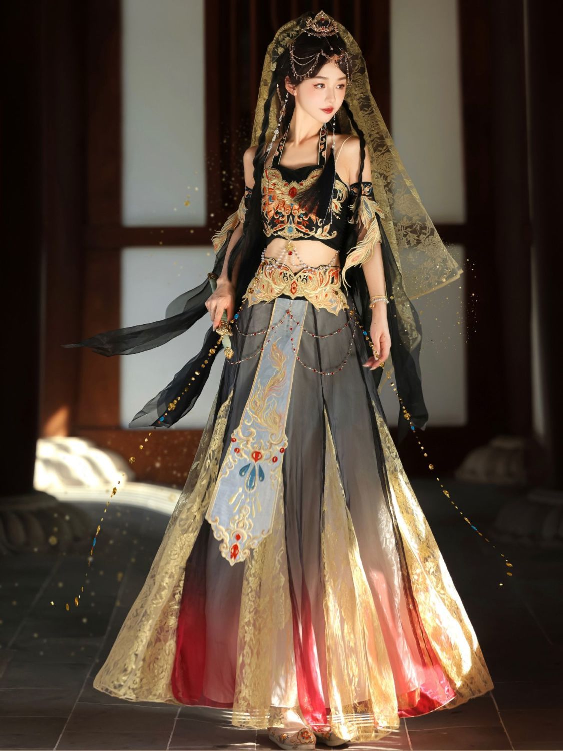 Muhua Original [Princess of the Western Regions] Hanfu Female Improved Exotic Wind Embroidery Tang Dunhuang Feitian Broken Skirt Set - AuraKin