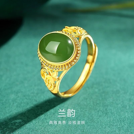 Aurakin gold pure gold Hetian jasper ring gold inlaid jade ring women's Qixi Festival birthday gift for mother - AuraKin