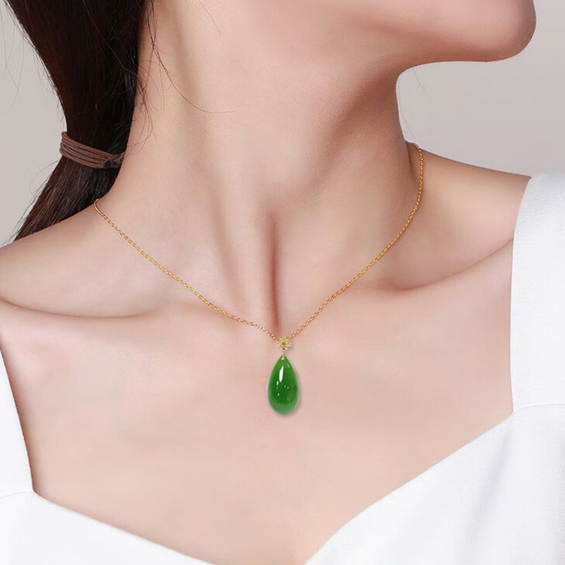18k gold inlaid Hetian jade pendant, jasper water drop-shaped jade pendant, women's cute pendant, holiday gift with certificate. - AuraKin