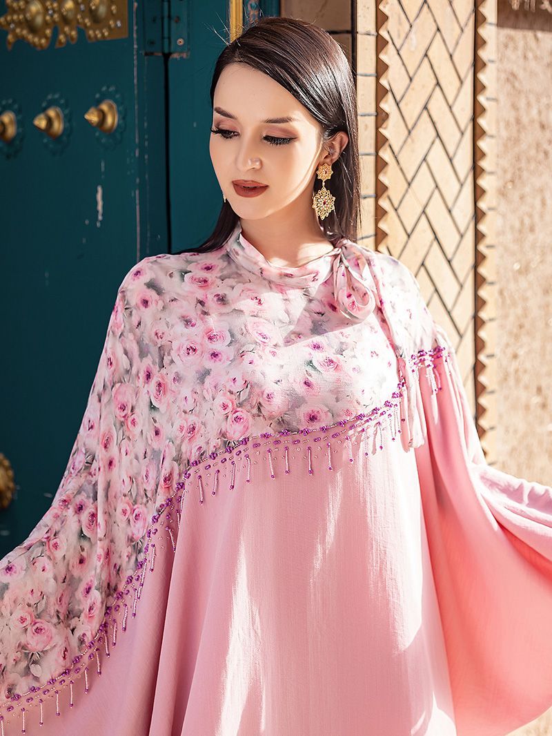 Turkey Dubai Pink Printed Bat Sleeve Dress Summer Women's Upscale Beaded Arabian Holiday Robe middle - AuraKin