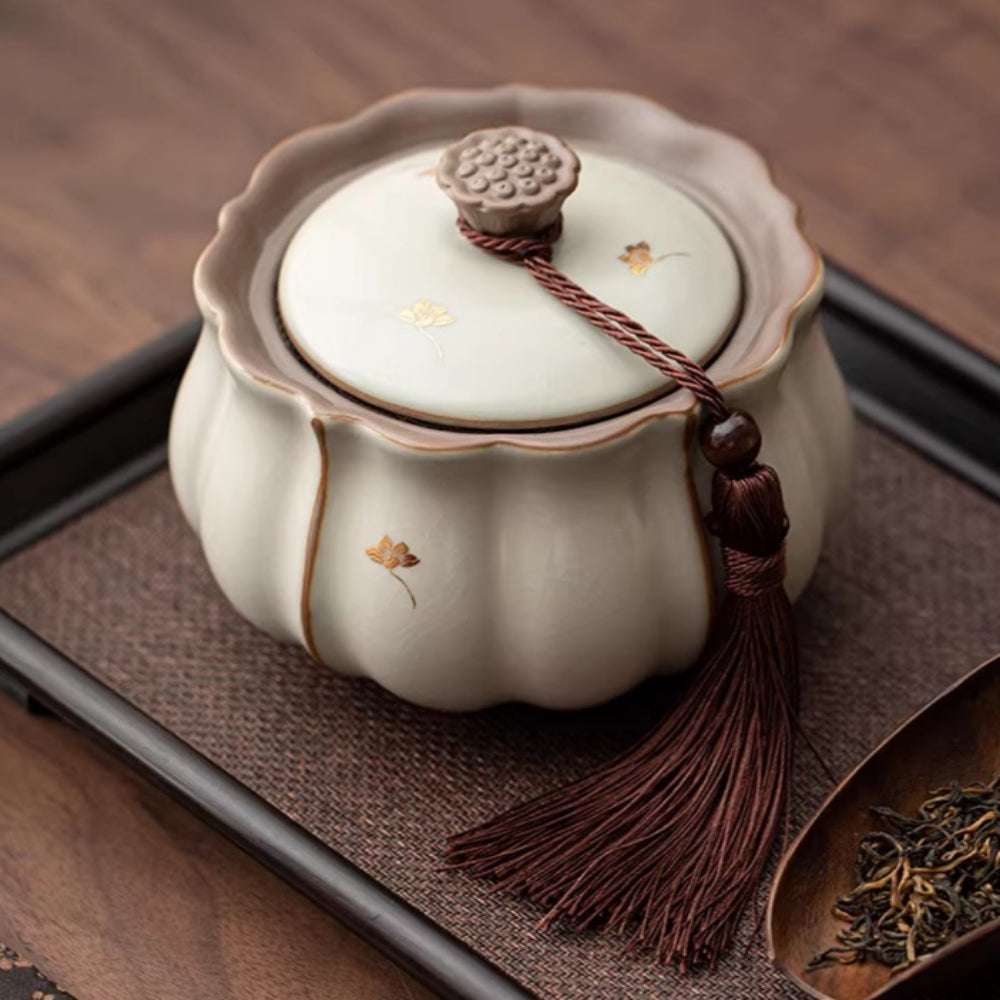 Beige Ru kiln tea sealed jar creative retro lotus tea storage tank green tea black tea universal moisture-proof tea jar - AuraKin