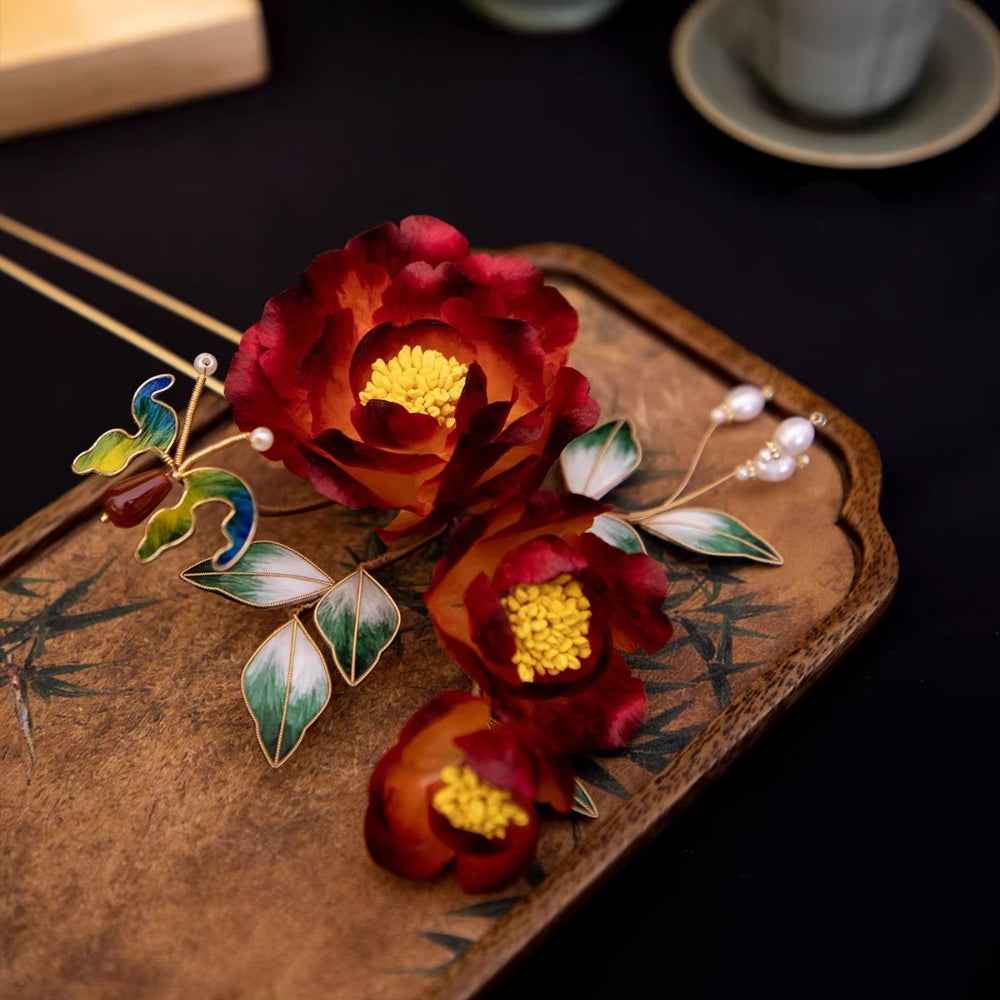 Edelweiss peach lady  red peony hairpin, intangible cultural heritage handmade new Chinese hanfu horse dress bridal hair accessories