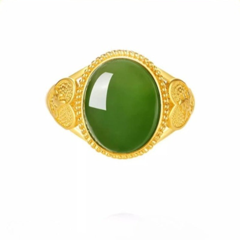 Aurakin Jewelry Hetian green Jade Ring - Full Gold Jasper Ring with Gift Box for Girlfriend - AuraKin