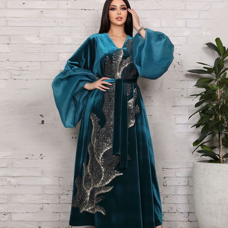 Autumn and winter bubble sleeves elegant style Arab dress golden velvet noble three-dimensional bead embroidered Dubai robe middle - AuraKin