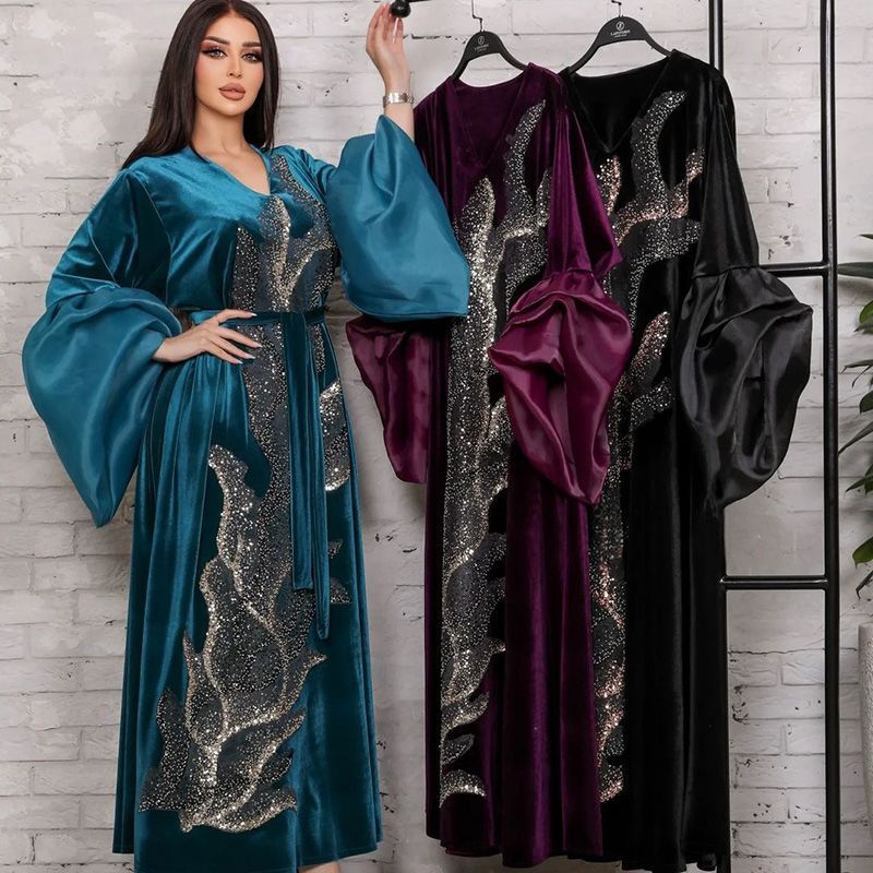 Autumn and winter bubble sleeves elegant style Arab dress golden velvet noble three-dimensional bead embroidered Dubai robe middle - AuraKin