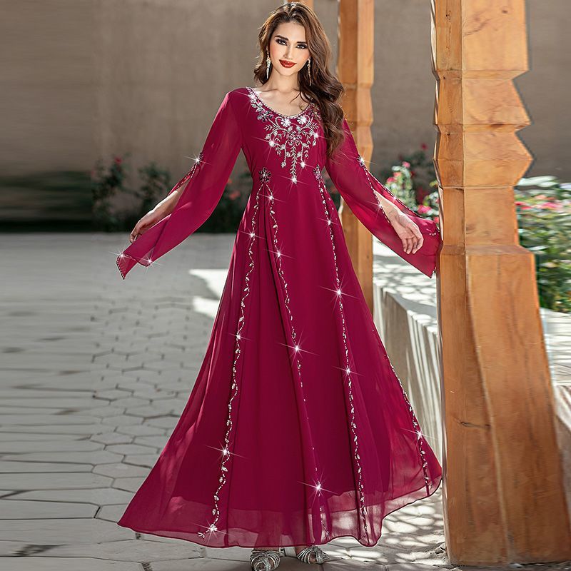 Middle East Dubai Ladies Handmade Beaded Dress Summer Dress Burgundy V-Neck Celebrity Dress Arabian Robe - AuraKin