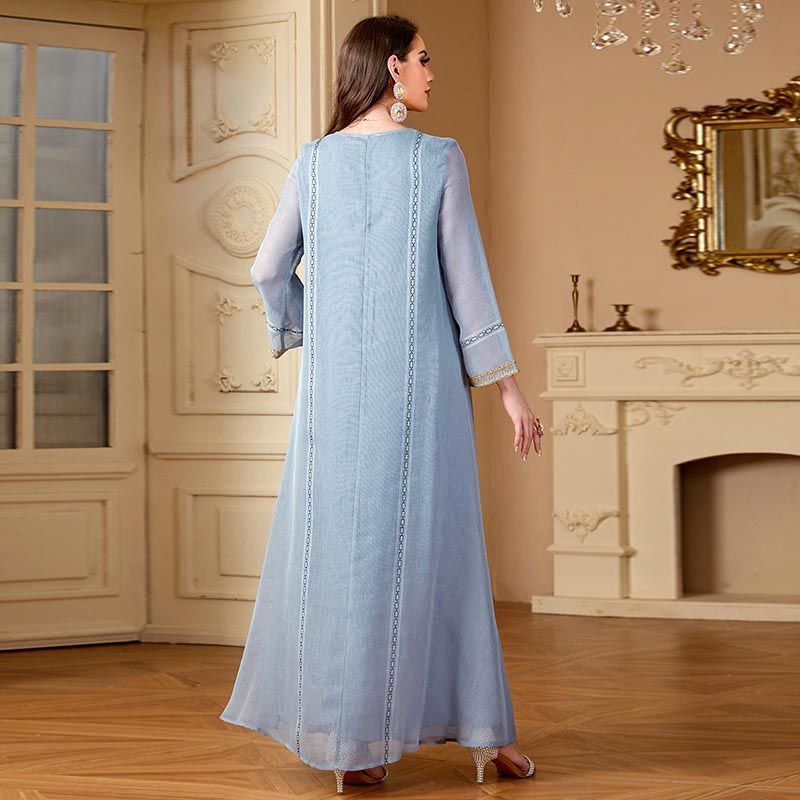 Saudi Arabia Grey Robe V-Neck Embroidered Temperament Dubai Women's Dress Beaded Long Sleeve Fashion Robe - AuraKin