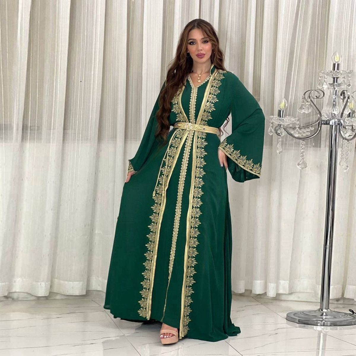 Large size women's robe dress set embroidered commuter A-word skirt Xinjiang mother Dubai style dress fat mm - AuraKin