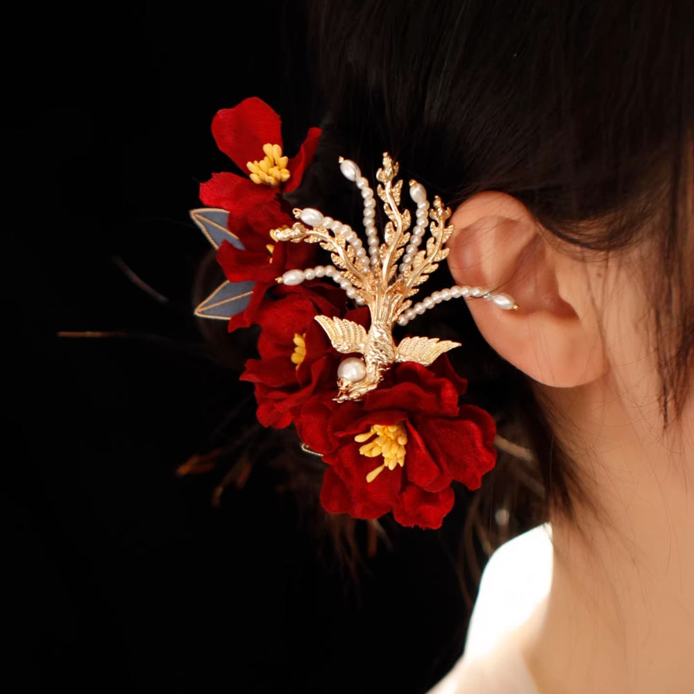 Phoenix wears peony, antique red cloth velvet hairpin flow bridal headgear Hanfu side clip atmospheric hairpin Chinese style - AuraKin
