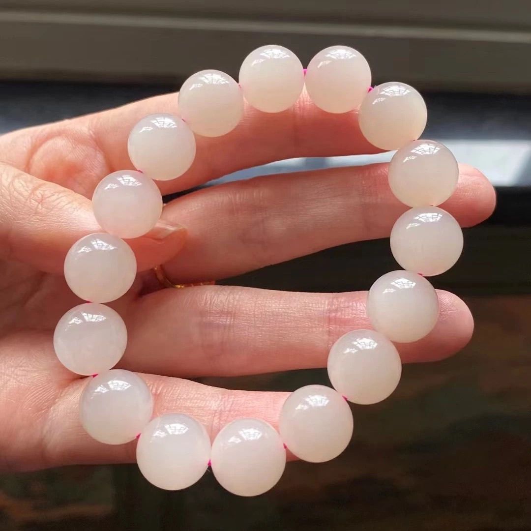 Hetian Jade whit pink Bracelet - Light Ice Powder & Fluorescent Ice Lotus Root Design - AuraKin