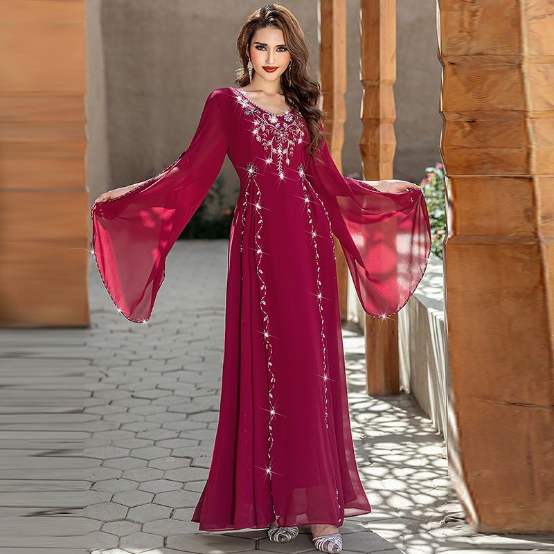 Middle East Dubai Ladies Handmade Beaded Dress Summer Dress Burgundy V-Neck Celebrity Dress Arabian Robe - AuraKin