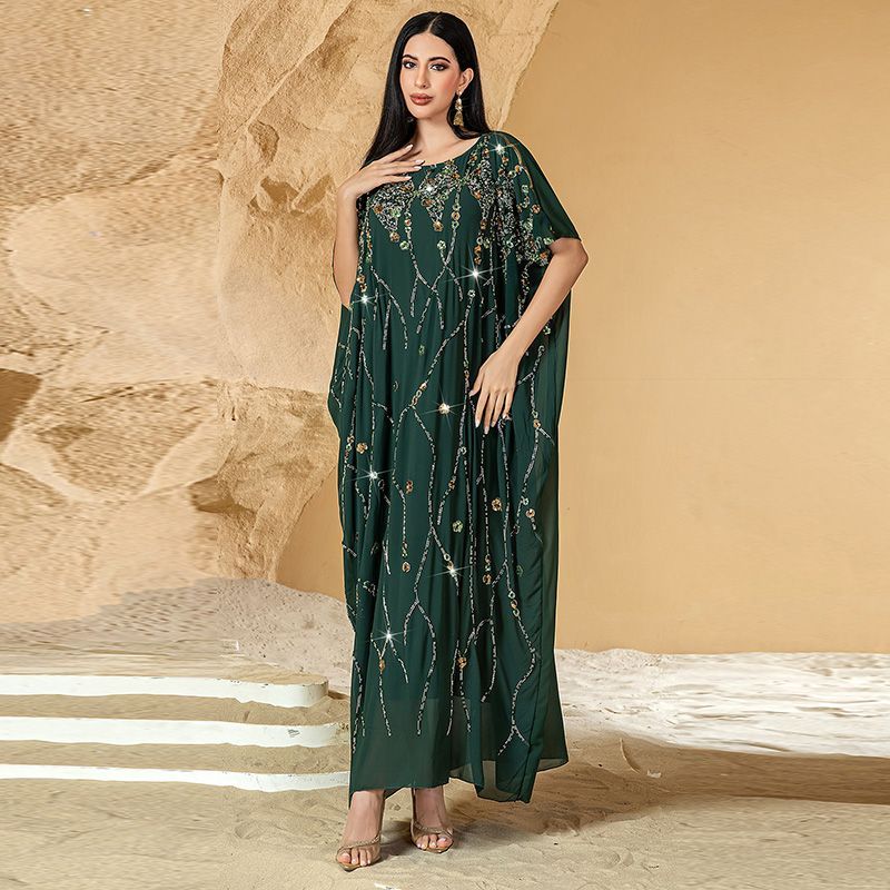 Morocco Dubai Heavy Industry Embroidered Bead Flower Cloak Dress Summer Celebrity Style Hand Sewn Three-dimen middle sional Flower Arabian Robe - AuraKin