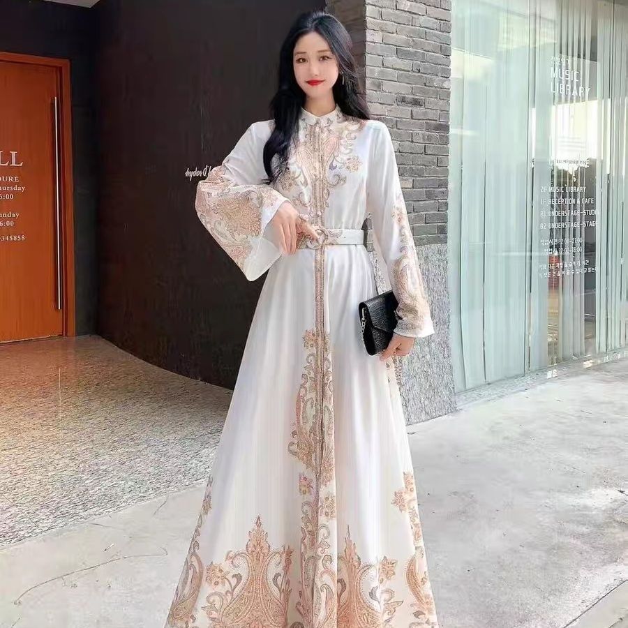 European and American court retro style lantern sleeves single-breasted shirt skirt women's autumn color matching printing big pendulum long dress - AuraKin