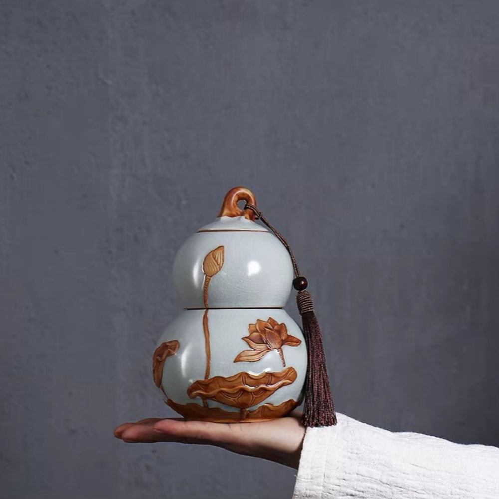 Internet celebrity feng shui porcelain pot gourd ornament ceramic tea can sealed tank tea storage tank small tea can boutique high-end - AuraKin
