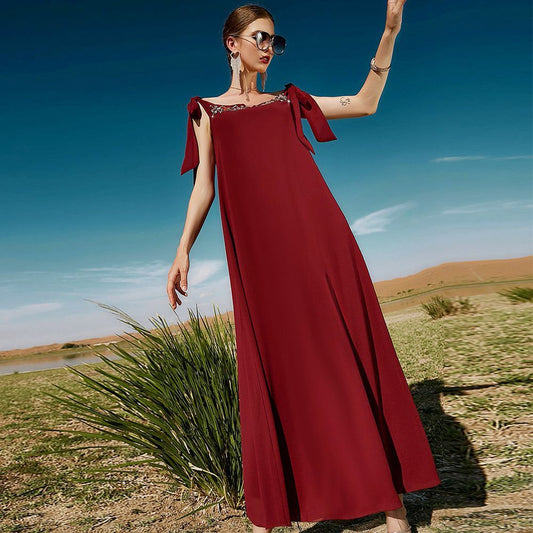 New celebrity banquet dress one-word collar dress summer women's Dubai dress burgundy hand-sewn diamond robe - AuraKin