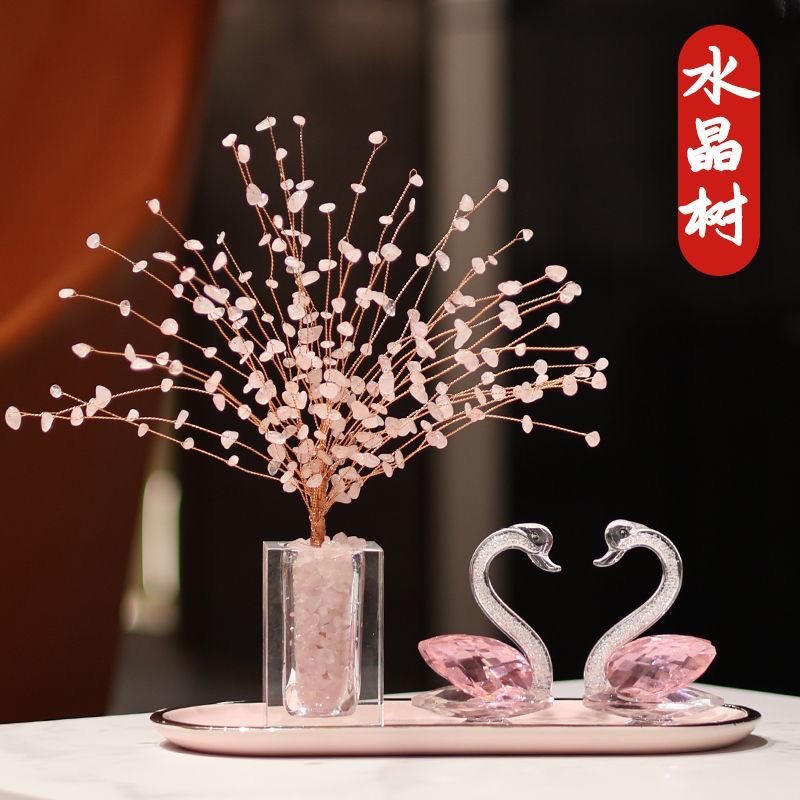Peach pollen crystal tree swan living room porch TV cabinet wine cabinet ornament home decoration light luxury high-end Lucky Gallery