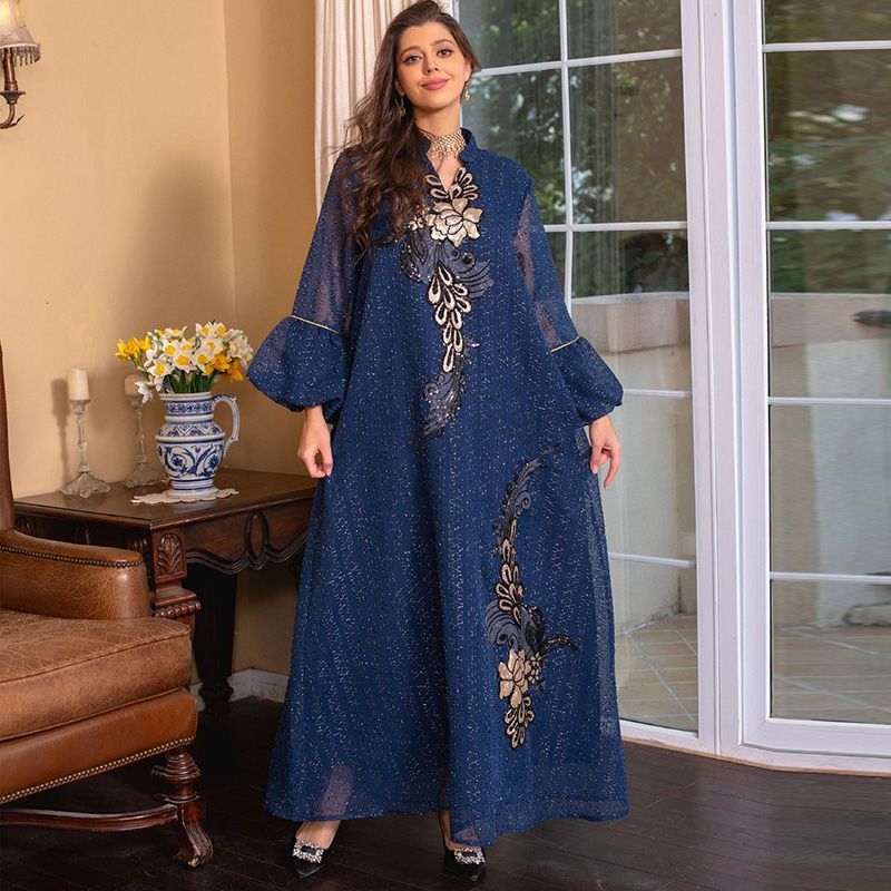 Saudi Arabian ethnic style embroidered robe sequined elegant Dubai style women's clothing to ankle Indian traditional dress - AuraKin