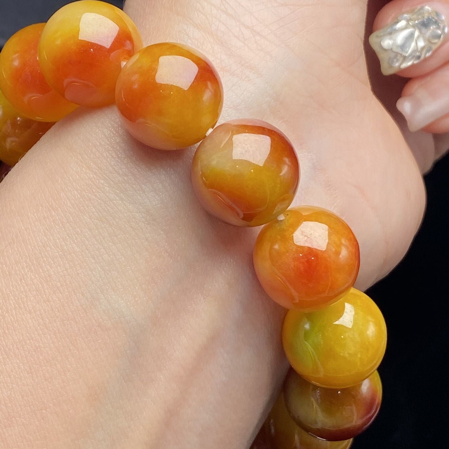 Myanmar Jadeite Bracelet - Laokeng Ice Glutinous Seed Full Color Yellow Red 14mm Round Bead - AuraKin