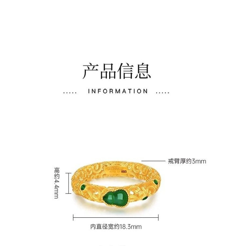 Aurakin Jewelry Gold Ring Fulu Xiangyun Design with Green Chalcedony and Ancient Flower Silk Details - AuraKin