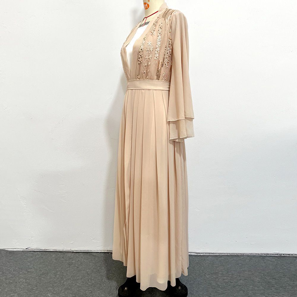 Autumn New Turkey Middle East Long Dress Beige Double Chiffon Malay Dubai Clothing Famous Style Long Dress - AuraKin