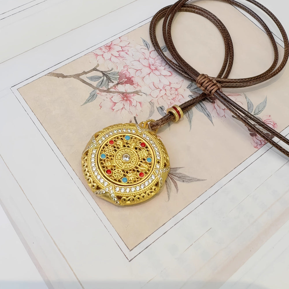 AuraKin Silver Enamel Necklace Fu Wheel