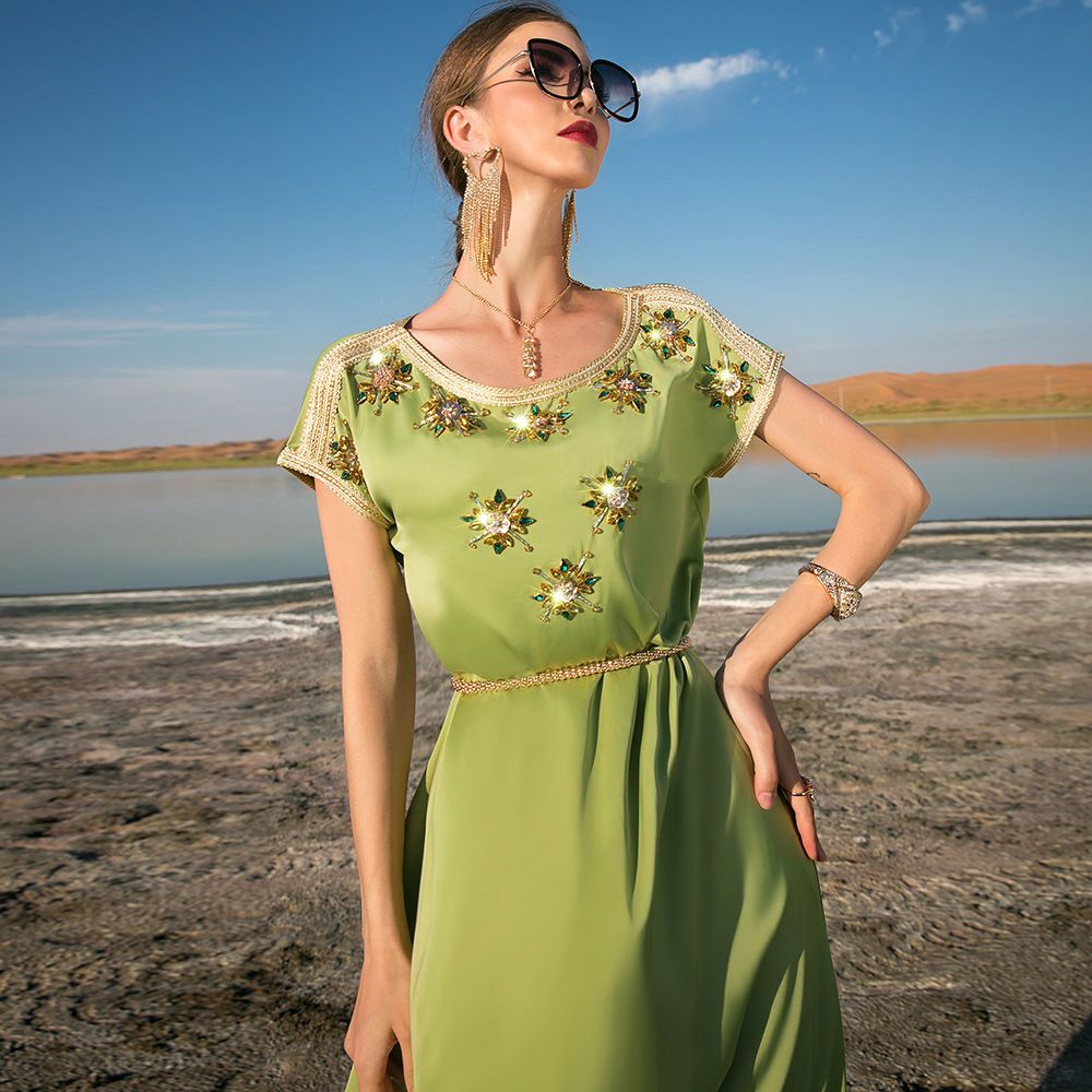 Middle Eastern Arabian High-end Dress Avocado Green Waldorf Satin Celebrity Dress Hand-Sewn Diamond Dubai Robe - AuraKin
